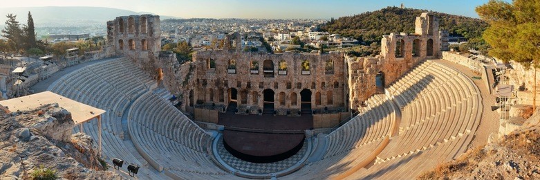 odeon of herodes atticus theatre panorama at acropolis historical ruins in athens, greece.