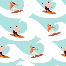 surfer girl surfing in the ocean seamless pattern