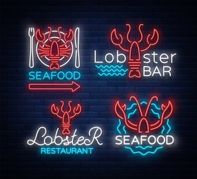 seafood set of neon logo icons vector illustration. lobster emblem, neon advertisement, night sign for the restaurant, cafe, bar with seafood. glowing banner, a template for your projects.