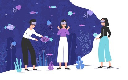 three people wearing virtual reality glasses and standing inside giant aquarium full of exotic fish. male and female cartoon characters enjoying vr headset effects. colorful vector illustration.