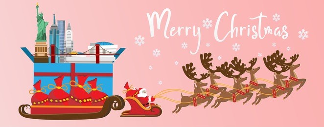 merry christmas and happy new year.illustration of  santa claus with new york landmarks in gift box.