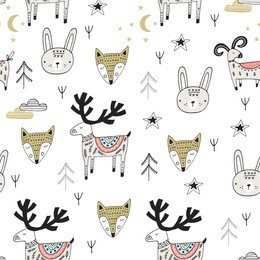 cute hand drawn nursery seamless pattern with wild animals in scandinavian style. vector illustration.
