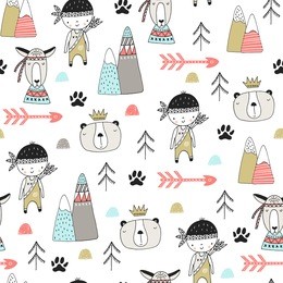 cute hand drawn nursery seamless pattern with wild animals in scandinavian style. vector illustration.