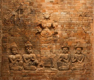 rare brick bas-relief representig lakshmi, consort of vishnu, in the sanctuary of prasat kravan in angkor, cambodia. temple is dedicated to vishnu.