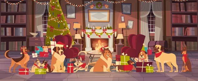 dogs in santa hats in living room with decorated pine tree, merry christmas and happy new year holiday poster design flat vector illustration