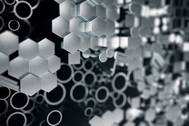 cylindrical metal steel profiles, hexagonal metal steel profiles, square metal steel profiles. different stainless steel products, 3d illustration