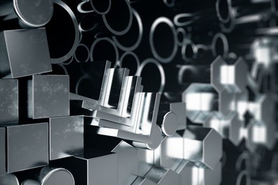 cylindrical metal steel profiles, hexagonal metal steel profiles, square metal steel profiles. different stainless steel products, 3d illustration