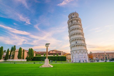 the leaning tower in a sunny day in pisa, italy.