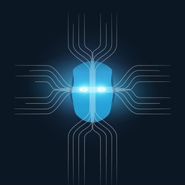 abstract machine learning, artificial intelligence and networks design concept with network mesh and robot head