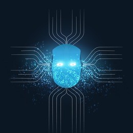 abstract machine learning, artificial intelligence and networks design concept with network mesh and robot head