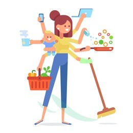 super mom - mother with baby, working, cooking, cleaning and make a shopping.
multitasking woman. vector flat cartoon illustration.

