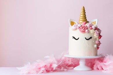 unicorn cake with pink frosting and copy space to side