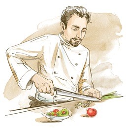 chef cooking with knife vegetables. hand drawn vector illustration on artistic watercolor background.