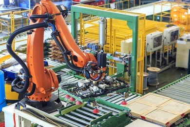 industrial picking robot in smart warehouse system of manufacture factory