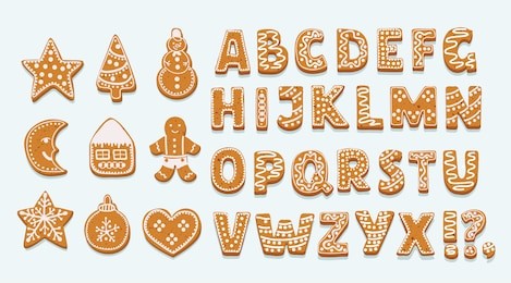 vector cartoon set of alphabet holidays ginger cookie isolated on white background. merry christmas and happy new year figures cover by icing-sugar