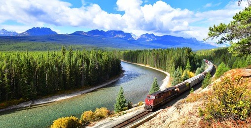train passing famous morant's curve at bow valley in autumn ,banff national park, canadian rockies,canada.