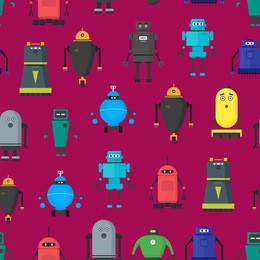 cartoon cute toy robots background pattern flat style design futuristic elements. vector illustration