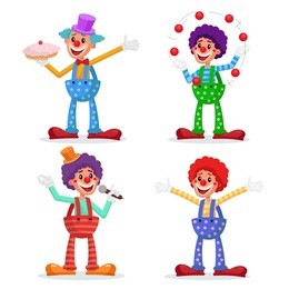 circus clowns set vector. performance for hilarious laughing people. amazing public circus show. man juggling balls. isolated on white cartoon character illustration