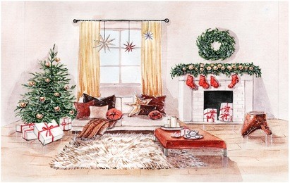 watercolor illustration of christmas interior of living room with fireplace, sofa, pillows, christmas tree and decor.