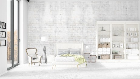 scene with brand new interior in vogue with white rack and modern bed. 3d rendering. horizontal arrangement.