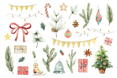 watercolor christmas set with fir branches, balls, gifts, garlands and bow. illustration for your holiday design isolated on a white background.