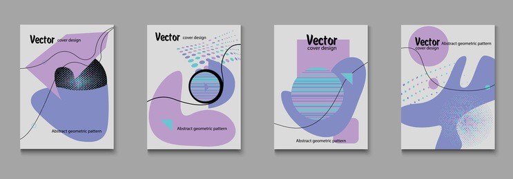 covers templates set with bauhaus, memphis and hipster style graphic geometric elements. applicable for placards, brochures, posters, covers and banners. vector illustrations.