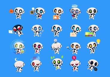 set of cute robots icons isolated on blue background modern technology artificial intelligence concept vector illustration