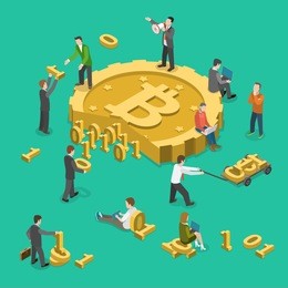 bitcoin mining flat isometric low poly vector concept. people are gathering data, represented by 0s and 1s, together to get a bitcoin.