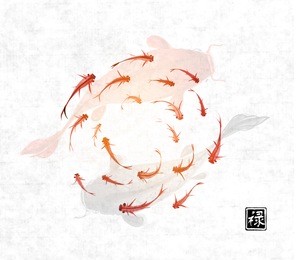 little and big fishes hand drawn with ink on rice paper background. traditional oriental ink painting sumi-e, u-sin, go-hua. contains hieroglyph - well-being
