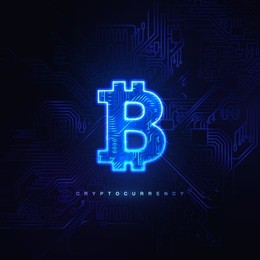 cryptocurrency concept. glowing neon light bitcoin sign and circuit board background. vector futuristic illustration with blockchain technology based crypto currency. financial concept. virtual money