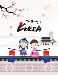 the beautiful of korea (a child couple character in korean traditional hanbok costume welcomes a visit to korea.)