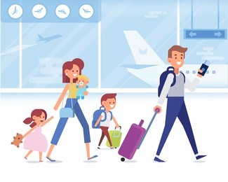 happy family travel together. parents with children at the airport ready for vacation. flat vector illustration.