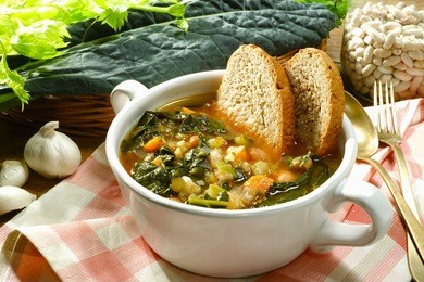 ribollita tuscany, typical rustic tuscan soup served in a ceramic bowl