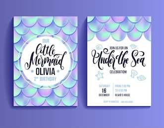 birthday party invitation card for little girl mermaid. holographic fish scales and lettering invitation. sea party invitation. vector illustration. 