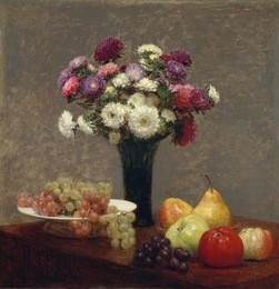 asters and fruit on a table, by henri fantin-latour, 1868, french impressionist oil painting. fantin-latour used simple vases and plain tabletops that emphasized his virtuoso painting of flowers
