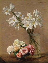 roses and lilies, by henri fantin-latour, 1888, french impressionist painting, oil on canvas. examination of this paintings detail, reveals fantin-latours use of the wood brush handle to delineate the