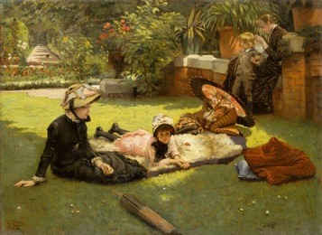 in full sunlight , by james tissot, 1881, french realist, impressionistic, oil painting. in tissots garden in st. johns wood, london. he painted his companion, divorcee kathleen newton (left); her chi