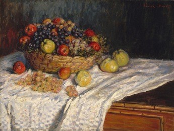 apples and grapes, by claude monet, 1879_80, french impressionist painting, oil on canvas. in painting this basket of apples, monet balances the active surface created by his small brushstrokes with t