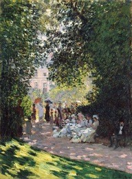 the parc monceau, by claude monet, 1878, french impressionist painting, oil on canvas. monet applied the paint in small daubs over the entire canvas that reduced the illusion of the volumes and space
