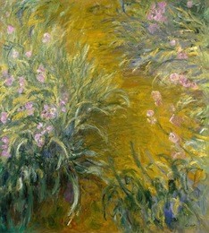 the path through the irises, by claude monet, 1914_17, french impressionist painting, oil on canvas. in his last decade, monet created large, flowing painterly works of his gardens at giverny