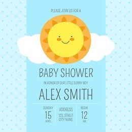 cute baby shower boy invite card vector template. blue design illustration with funny cartoon sun. kids newborn nursery poster or sunny birthday party invitation background.
