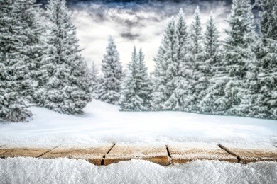 a table full of snowflakes with space for your product advertisement. winter landscape of trees covered with snow and overcast with blue dramatic sky.