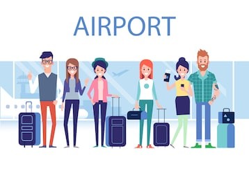 people traveling design. friends travel together. smiling woman holding passport ready for vacation travel at the airport. flat vector illustration. character design.