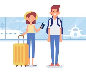 people traveling design. happy couple at the airport. smiling woman with luggage holding tickets ready for vacation. flat vector illustration.