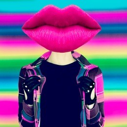 contemporary art collage. pink lips head and striped background concept cosmetics