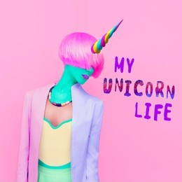 contemporary art collage. colorful girl. my unicorn life. minimal fashion style