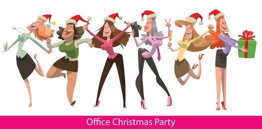 vector set of cartoon images of six office dancing women in a red santa's hats with champagne in hands on a white background. corporate party, christmas, new year. banner "office christmas party". 