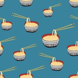 japanese food wok noodles vector doodle seamless pattern