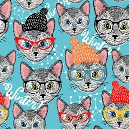 seamless winter pattern with cat in hat. smart animals vector background. colorful endless wallpaper for kids and adults.