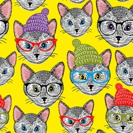 colorful seamless pattern with cats in hats and glasses. vector background.